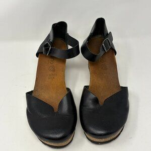 Yokono women's wedge sandals 42 black leather ankle strap cork clogs